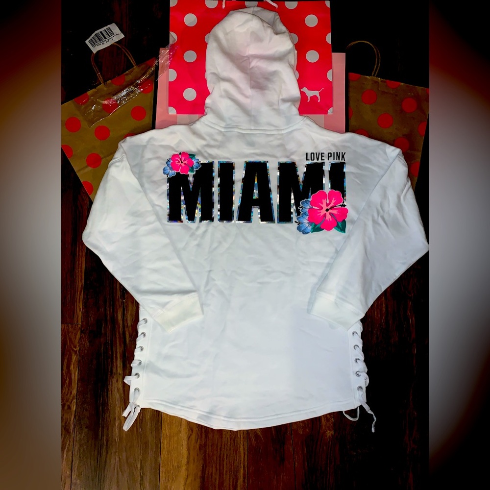 NEW VS PINK Size SMALL Miami Destination Side Lace Up Campus Hoodie Pullover.